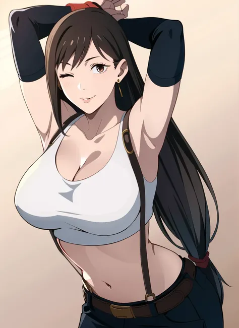 csm anime style, tifa lockhart, 1girl, thick lips, arm up, armpits, artist name, belt, black hair, breasts, brown eyes, cleavage, closed mouth, collarbone, cowboy shot, crop top, earrings, elbow gloves, elbow pads, gloves, gradient background, jewelry, lar...