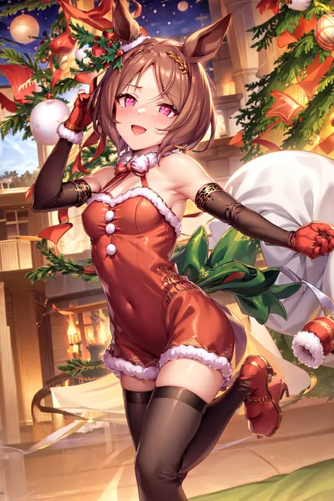 masterpiece, best quality,
sakura laurel (umamusume), 
christmas tree, symbol-shaped pupils, symbol in eye,
running, 
full body, holding sack, looking to the side, 
official alternate costume, christmas, leaf hair ornament, ear covers, halterneck, halter d...