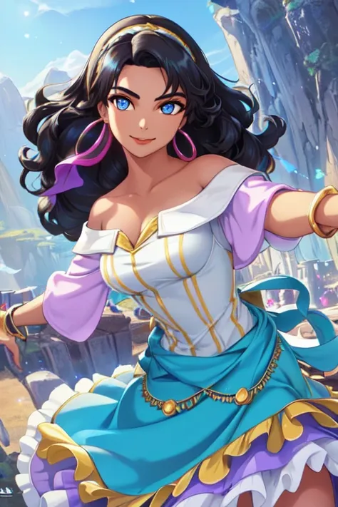 <lora:esmeraldadisney_v20final:0.6>esmeralda, 1girl, solo, smile, dress, bare shoulders, jewelry, hairband, earrings, off should...