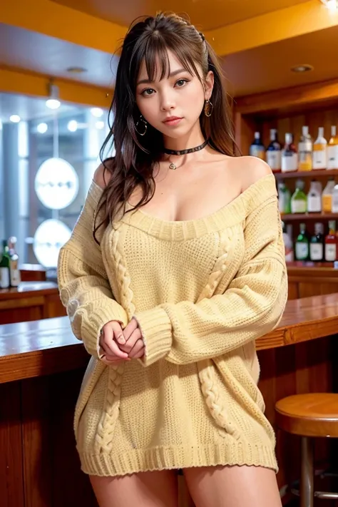 <lora:betterCuteAsian03:0.3> is posing for a photo in a sexy pose, (oversized_sweater:1.3), yellow oversized_sweater,
good hand,4k, high-res, masterpiece, best quality, head:1.3,((Hasselblad photography)), sharp focus, (cinematic lighting), night, soft lig...