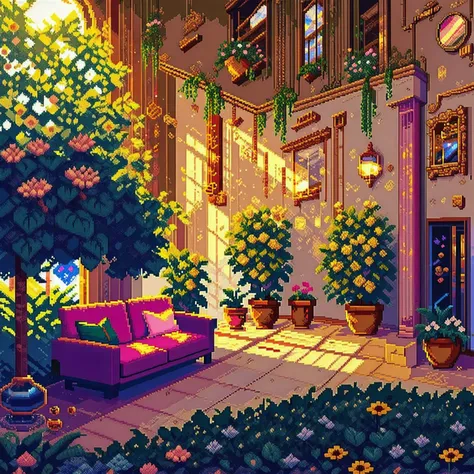 <lora:pixelart:1> ((game pixel art)), architectural digest photo of a maximalist green solar living room with lots of flowers an...