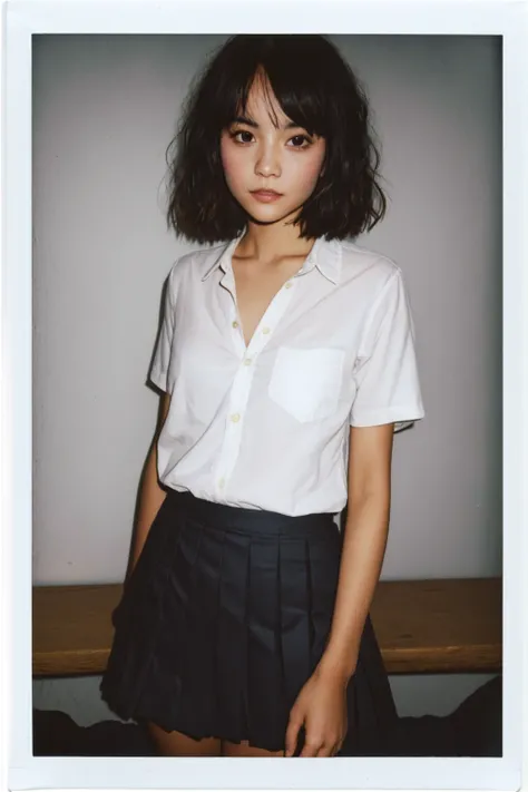 <lora:INSPHOT:0.6>, Instantphoto, Fashion photography of 1girl, natural skin texture, fluffy short hair, White shirt, pleated skirt, realistic photo, Polaroid, vibrant details, finely detailed, (full body:0.6), wide angle, dutch angle, <lora:FilmG2:0.2>