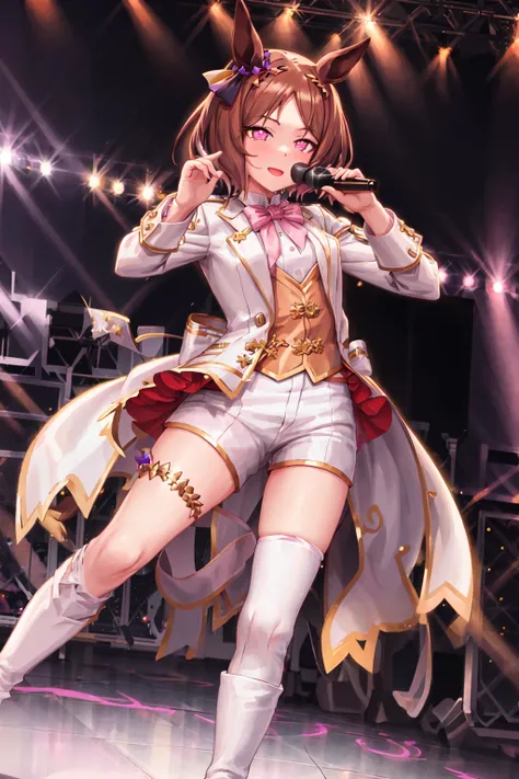 masterpiece, best quality,
sakura laurel (umamusume), 
standing, stage lights, glowstick, 
microphone, headphones,
official alternate costume, ear bow, symbol in eye, symbol-shaped pupils, white jacket, white shirt, pink bowtie, brooch, long sleeves, white...