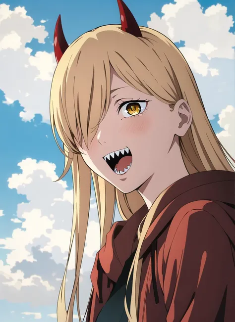 csm anime style, 1girl, horns, solo, teeth, sharp teeth, sky, open mouth, cross-shaped pupils, long hair, cloud, hair over one eye, looking at viewer, demon horns, blue sky, day, outdoors, yellow eyes, hood, blonde hair, anime coloring, red horns, cloudy s...