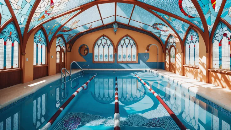 sharp focus photograph, <lora:stainedglassai_v10:0.5> stainedglassai, wide-angle view of a swimming pool, retro-futuristic, deta...