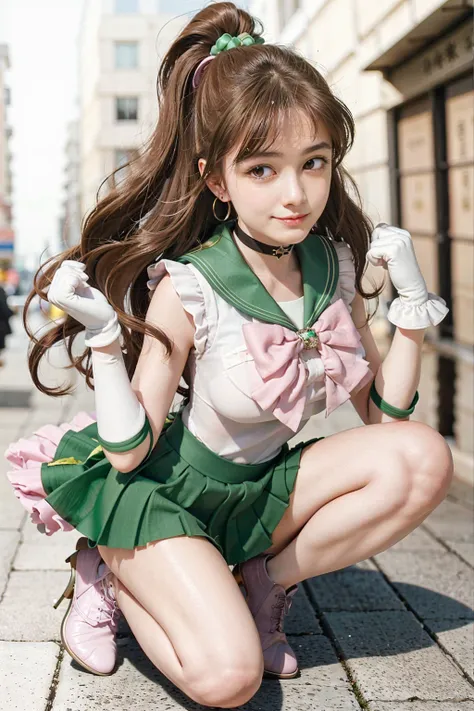 masterpiece, best quality,photorealistic,cosplay,slim body,slender thighs,1girl,day,backlight,softlight,milky skin,gloves,skirt, jewelry, sailor jupiter, green sailor collar, green skirt, earrings, brown hair, hair ornament, green footwear, sailor senshi u...