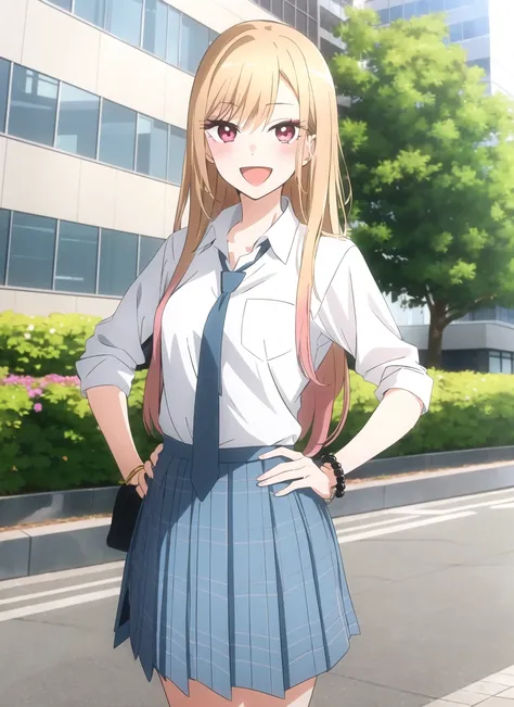 bisquedoll anime style, kitagawa marin, 1girl, :d, upper body, bead bracelet, beads, black necktie, blonde hair, blue skirt, blush, bracelet, hand on own hip, jewelry, long hair, looking at viewer, necktie, open mouth, plaid, plaid skirt, red eyes, school ...