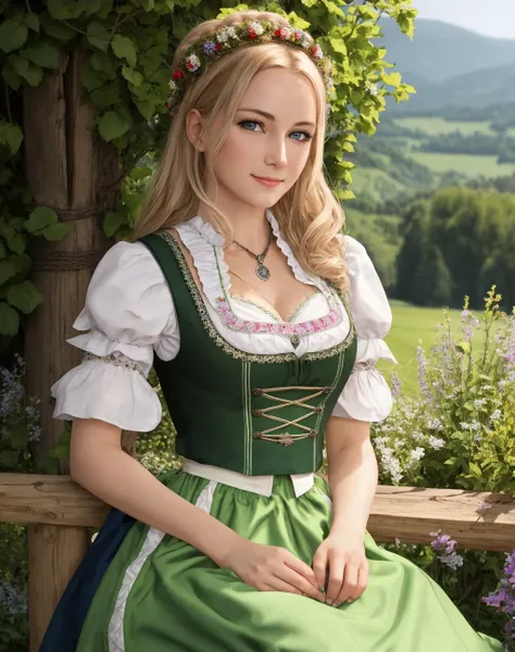 Masterpiece, absurdres, fine detail, HDR, highly detailed face and eyes, photorealistic, <lora:dirndl:0.75>, dirndl, a woman in traditional bavarian dress poses for a picture , german woman, wearing a dirndl