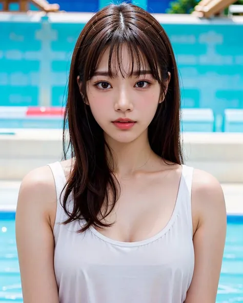 best quality, RAW, detailed, photorealistic, 8k, high res, 1girl, woman, (portrait:0.6), gorgeous, ((poolsidebackground:2.5)), ((white sleeveless tshirt:2, smallsize round breast:1.5)),  (head straight-looking at viewer:2.2), (1girl eyes looking at viewer,...