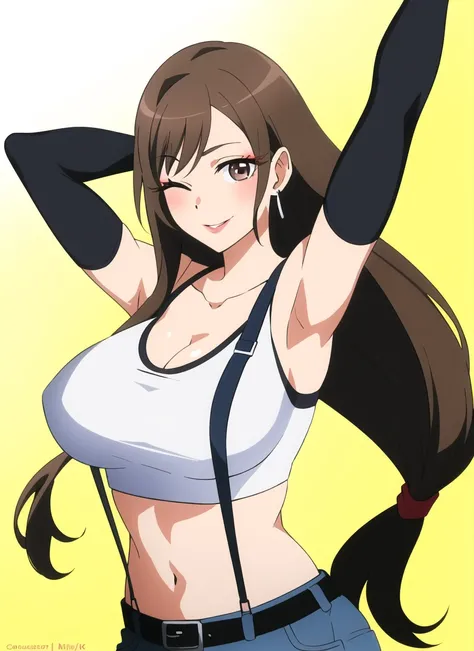 bisquedoll anime style, tifa lockhart, 1girl, thick lips, arm up, armpits, artist name, belt, black hair, breasts, brown eyes, cleavage, closed mouth, collarbone, cowboy shot, crop top, earrings, elbow gloves, elbow pads, gloves, gradient background, jewel...