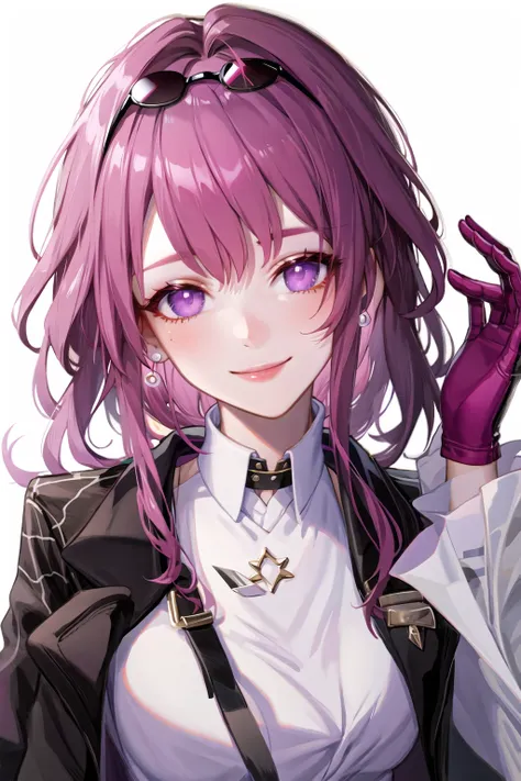 1girl, bangs, black jacket, closed mouth, collared shirt, earrings, eyewear on head, gloves, hand up, holding, jacket, jewelry, long hair, long sleeves, looking at viewer, pink hair, purple eyes, purple hair, red gloves, shirt, smile, solo, star-kafka, sun...