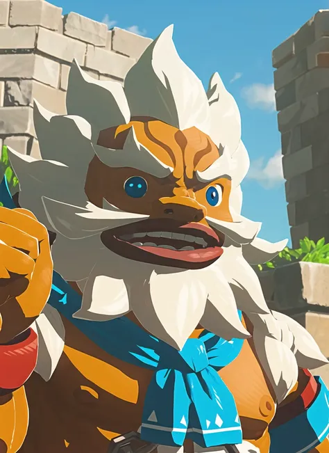 botw style, 1boy, upper body, beard, blank eyes, blue eyes, body hair, chain, cuffs, energy barrier, facial hair, facial mark, goron, grin, hands up, happy, male focus, mustache, shackles, smile, solo, teeth, white hair, ((masterpiece)) <lora:botw_style_of...