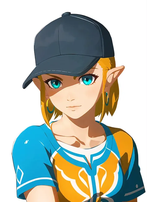 botw style,  masterpiece, best quality, 1girl, aqua eyes, baseball cap, blonde hair, closed mouth, earrings, green background, hat, hoop earrings, jewelry, looking at viewer, shirt, short hair, simple background, solo, upper body, yellow shirt   <lora:botw...