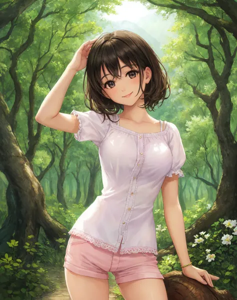 Masterpiece, absurdres, fine detail, HDR, highly detailed face and eyes, photorealistic, smiling, <lora:petite_doll:0.75>,beautiful petite_doll, a woman standing next to a tree in a forest ,perfect petite_doll face, perfect petite_doll body