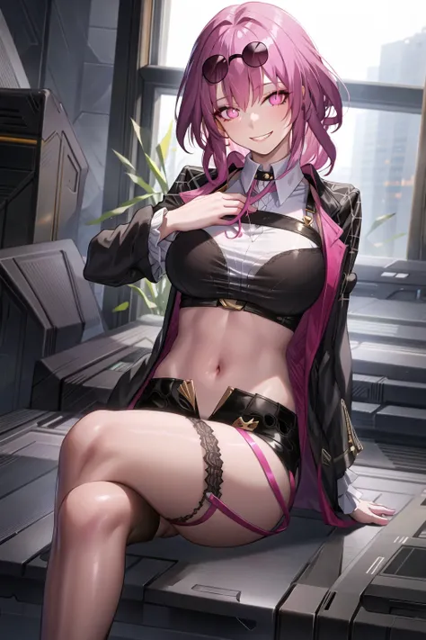 1girl, star-kafka,solo,hair between eyes,sunglasses,eyewear on head,purple hair,pink eyes,large breasts,shiny skin,indoors,crossed legs,lace-trimmed legwear, sitting,cowboy shot,navel focus,glowing eyes,grin,hand on breasts,(midriff),(mature female)