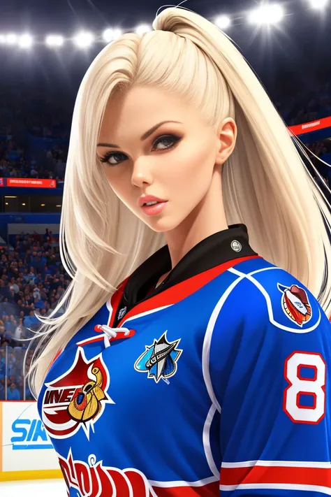 a photo of an attractive S022_KatyaSambuca, as a (icehockeyplayer:1.2), on a (rink:1.1), wearing a (hockey_uniform), ice, (8k, RAW photo, best quality, ultra high res, photorealistic, masterpiece, ultra-detailed, Unreal Engine)