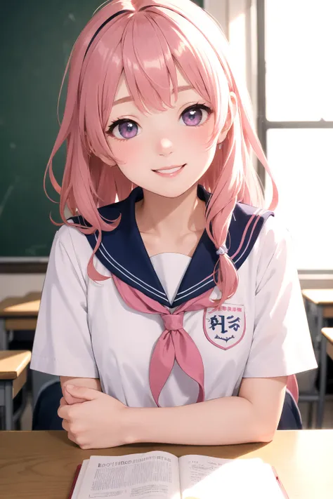 1girl, cute, 16 years old, smiling, look at viewer, sailor uniform, seifuku, pink hair, best quality, hires, detailed face, classroom, detailed background, diffused lighting, depth of field, bokeh