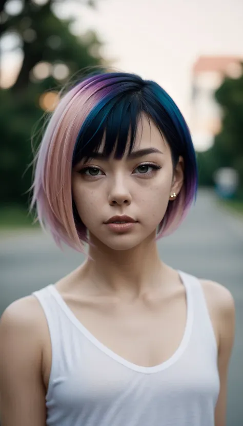 1girl, film, photo, depth of field, gradient hair, short hair,