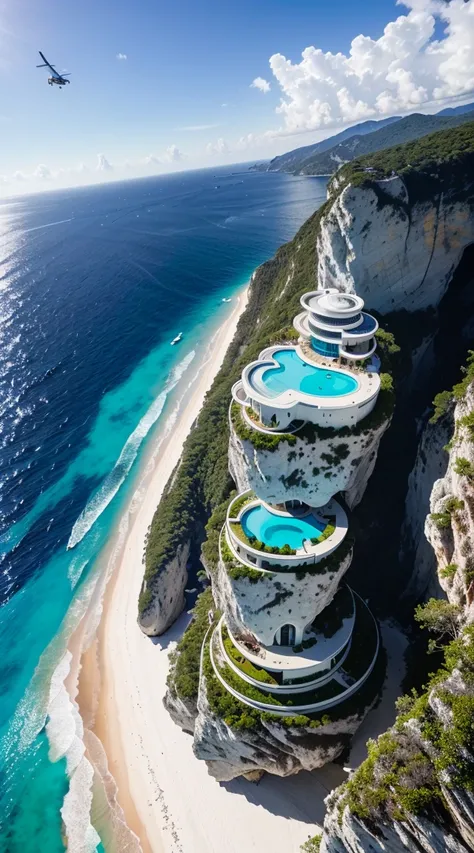 . An Incredible villa floating and flying in the air, high - tech architecture, buildings floating in the clouds, high angle drone shot, flying above a perfect white beach with azure blue ocean and beach below, flying, anti - gravity, granite, glass, wood,...