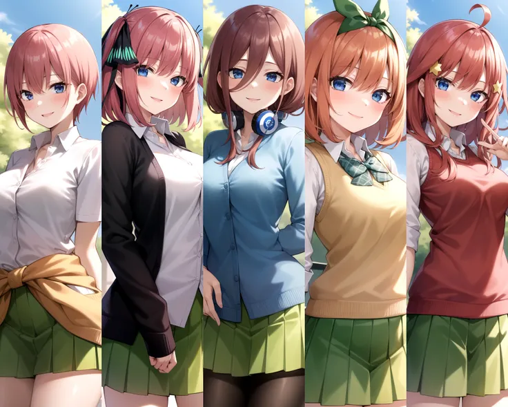 2d, masterpiece, best quality, anime, highly detailed, 1girl, solo, cowboy shot, collared shirt, green skirt, miniskirt, medium breasts, standing, school, outdoors, smile<lyco:quintuplets-10-new:1>