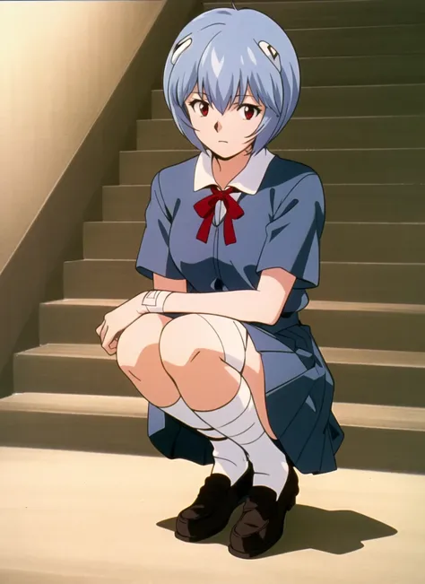 evangelion anime style, anime screencap, 1990s_(style),  ayanami rei, 1girl, :|, bandaged arm, bandages, blue hair, blue shirt, blue skirt, border, breasts, closed mouth, dated, hair between eyes, knees, loafers, looking at viewer, pleated skirt, red eyes,...