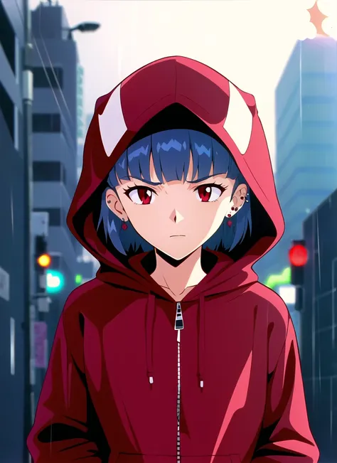 evangelion anime style, anime screencap, 1990s_(style),  1girl, black hoodie, blue hair, blunt bangs, blurry, blurry background, cellphone, city, closed mouth, ear piercing, half-closed eyes, hood, hood up, hoodie, industrial piercing, letterboxed, light f...