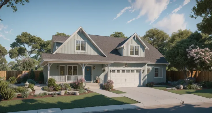 Grannys house on the corner lot, perfect little house, picket fence, perfect garden, masterpiece, detailed symmetrical digital art, highly detailed, awe-inspiring, 8K, mythological, beautiful, masterpiece, award-winning, sharp focus, intricate, dramatic li...