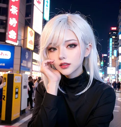 (8k, RAW photo, best quality, masterpiece:1.4),realistic,(lips closed),posing,Tokyo street,nightcityscape,night, cyberpunk city,soft light,1girl,extremely beautiful face,bust,put down hands,Random hairstyle,white hair,Random expression,small eyes, ,lower a...