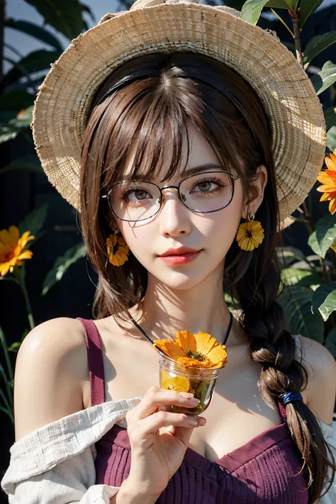 1girl, solo, starfish, seashell, shell, flower, hat, hair ornament, jewelry, straw hat, looking at viewer, sunglasses, hat flower, drinking straw, hairclip, earrings, red flower, tinted eyewear, yellow flower, bangs, english text, multicolored hair, orange...