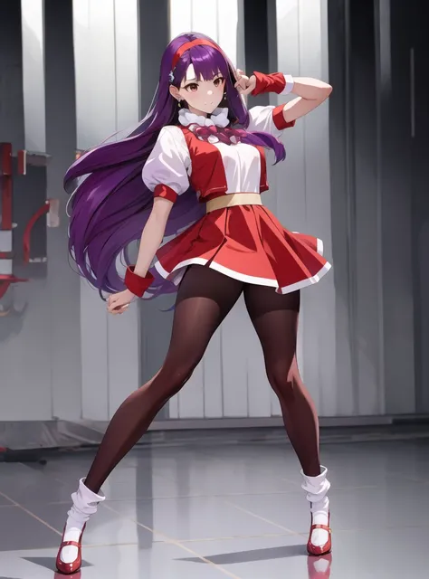 Beautiful face,best quality,highres, (1girl:1.3),solo,,purple hair, long hair, hairband, long hair, 
earrings, red dress, puffy short sleeves, white sleeves, wristband,(standing:0.9),(spread legs quality:0.6),full body,  beautlful legs,  (red pantyhose:1),...