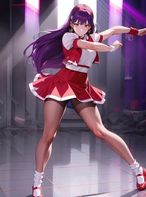 Beautiful face,best quality,highres, (1girl:1.3),solo,aa1,purple hair, long hair, hairband, long hair, 
earrings, (red dress:0.9), puffy short sleeves, white sleeves, wristband,(standing:0.9),(spread legs quality:0.6),full body,  beautlful legs,  (red pant...