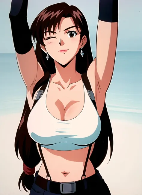 evangelion anime style, anime screencap, 1990s_(style),  tifa lockhart, 1girl, thick lips, arm up, armpits, artist name, belt, black hair, breasts, brown eyes, cleavage, closed mouth, collarbone, cowboy shot, crop top, earrings, elbow gloves, elbow pads, g...