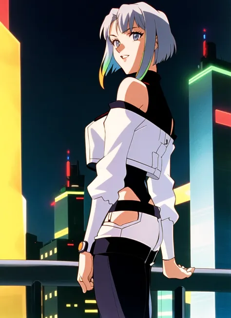 evangelion anime style, anime screencap, 1990s_(style),  lucy (cyberpunk), 1girl, against railing, arm rest, bangs, bare shoulders, belt, black belt, black leotard, black pants, blurry, bob cut, breasts, building, cityscape, clothing cutout, cropped jacket...