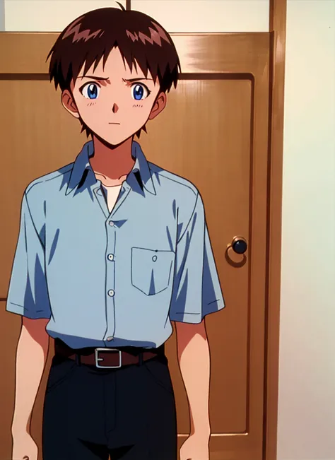 evangelion anime style, anime screencap, 1990s_(style),  ikari shinji, 1boy, belt, black pants, blue eyes, blue shirt, brown belt, brown hair, collared shirt, male focus, pants, school uniform, shirt, short bangs, short hair, short sleeves, solo, tokyo-3 m...