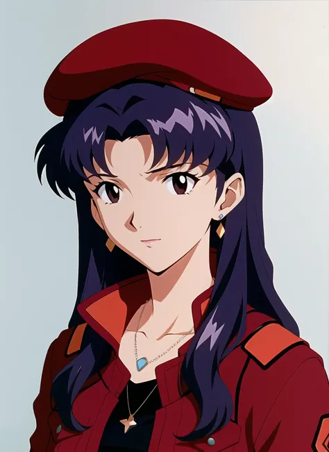 evangelion anime style, anime screencap, 1990s_(style),  katsuragi misato, 1girl, artist name, beret, black shirt, blue background, breasts, brown eyes, closed mouth, cropped jacket, earrings, expressionless, hat, jacket, jewelry, lips, long hair, long sle...