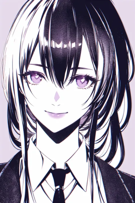 1girl, bangs, closed mouth, collared shirt, eyewear on head, hair between eyes, long hair, looking at viewer, monochrome, necktie, purple background, purple eyes, shirt, sidelocks, smile, solo, spot color, star-kafka, sunglasses, upper body,mature female,(...