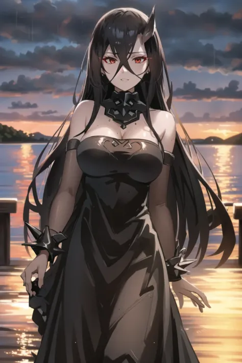 best quality, 4k, extremely detailed, concept art, Intricate, High Detail illustration, Sharp focus,
battleship water oni, abyssal ship, 1girl, red eyes, glowing eyes, crossed bangs, bare shoulders, black dress, black gloves, black hair, black legwear, col...