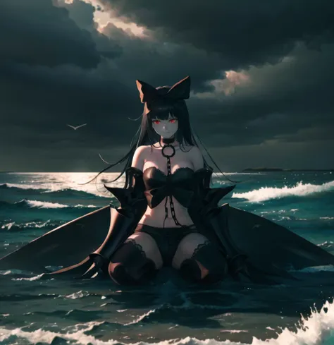 best quality, (sitting, spread legs, open legs, arm support:1.3), sptprincess, 1girl, light smile, sleepy, red eyes, hair bow, black hair, long hair, pale skin, bare shoulders, chain, chemise, choker, clawed gauntlets, collar, cuffs, detached sleeves,  nav...