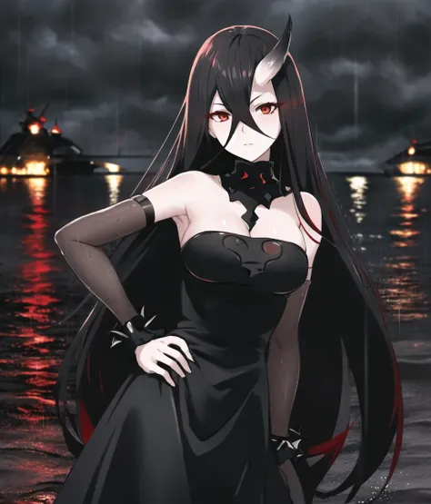 best quality, (red and black color palette:1.3), cowboy shot, (hand on hip:1.3)
BREAK
battleship water oni, abyssal ship, 1girl, red eyes, glowing eyes, serious, white skin, colored skin, horns, single horn, crossed bangs, black hair,  very long hair, hair...