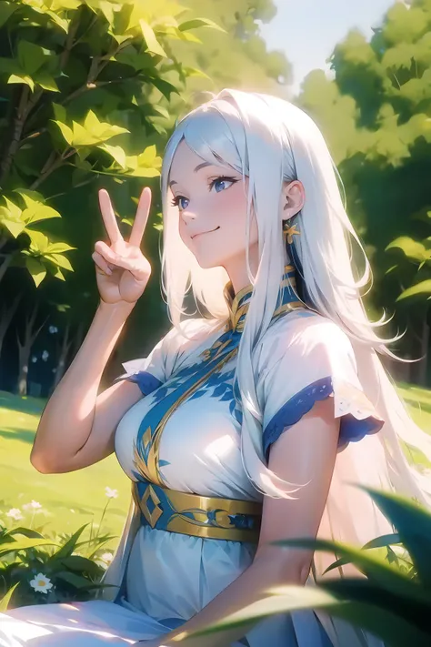 peace, sign, smile, upper body portrait, (masterpiece, best quality), 1girl with long white hair sitting in a field of green plants and flowers, her hand under her chin, warm lighting, white dress, blurry foreground