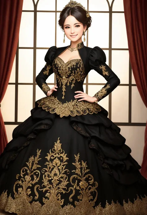 Masterpiece, absurdres, fine detail, HDR, highly detailed face and eyes, photorealistic, smiling, excited, ballgown, a woman in a black dress posing for a picture , wearing a ballgown, superb golden embroidery,<lora:ballgown:0.7>