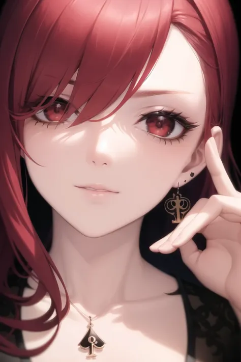 <lora:qos_tattoo_v0.5:0.85>
1girl, red hair, red eyes, (queen of spades symbol:0.9) earrings, close-up,, masterpiece, best quali...