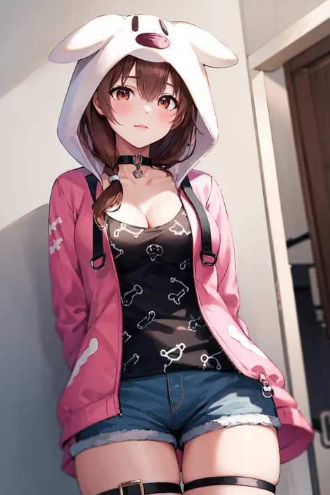 masterpiece, best quality, highres, ik3, brown hair,  black shirt, animal hood, cleavage, pink jacket, blue shorts, black choker...