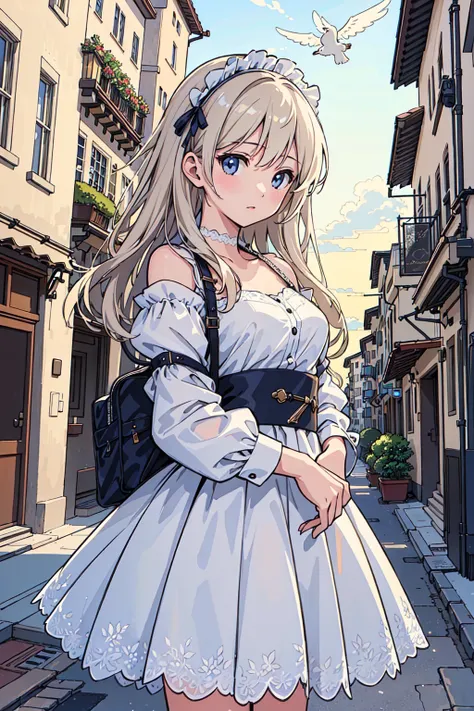 (((best quality))), girl,((ultra-detailed)), (highly detailed CG illustration), ((an extremely delicate and beautiful)),(expressionless),euro street,cityscape,