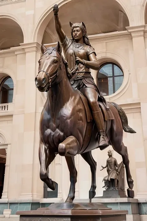 photo of <lora:betterCuteAsian03:0.3>, a woman as a (bronze_statue:1.3), (riding a horse:1.3), modelshoot style, photo of the most beautiful artwork in the world, High Detail, Sharp focus,in the middle of a square, full body, (closeup),  <lora:bronze_statu...