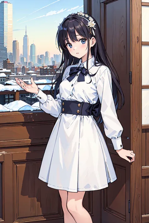 ((masterpiece)),(((best quality))), girl,((ultra-detailed)), (highly detailed CG illustration), ((an extremely delicate and beautiful)),(expressionless),cafeteria,winter,cityscape, random wear