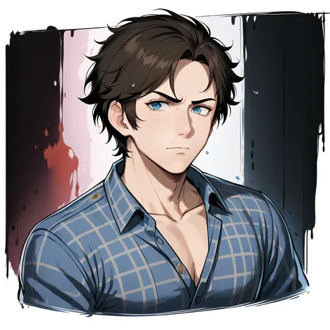 (masterpiece, best quality:1.1), pxint, 1boy, male focus, serious face, looking at viewer, ryan, tan and olive, brown hair, messy, denim shirt, hazel eyes, dimpled chin, detailed eyes, portrait, flowing, with a splash of paint, (abstract:0.8)