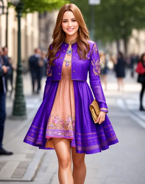 Masterpiece, absurdres, fine detail, HDR, highly detailed face and eyes, photorealistic, smiling, excited,isf, a woman in a dress is walking down the street , wearing isf<lora:isf:0.7>