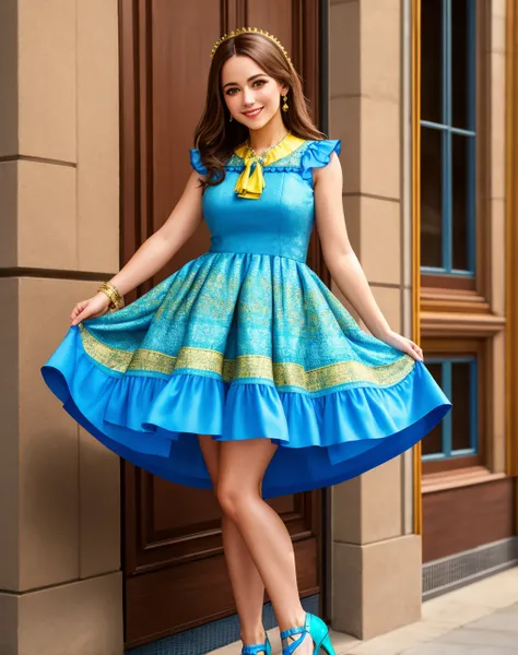 Masterpiece, absurdres, fine detail, HDR, highly detailed face and eyes, photorealistic, smiling, excited,isf, a woman in a blue and yellow dress and blue heels , wearing isf <lora:isf:0.7>