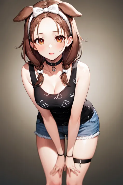 masterpiece, best quality, highres, ik3, black shirt, animal ears, brown hair, forehead, bow hairband, cleavage, black choker, m...